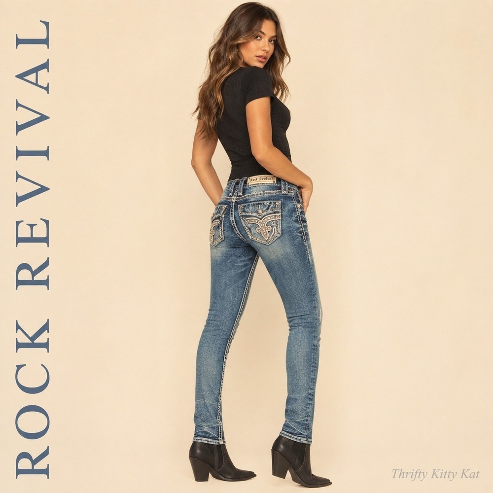Rock Revival Beet Red Mid Rise Skinny Rhinestone Fleur De Lis Blue Jeans 25
